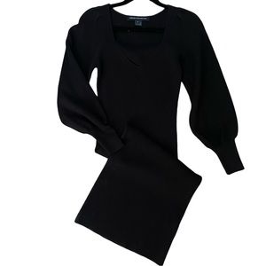 French Connection Black Long Sleeve V Neck Midi Sweater Dress Sz: S Small